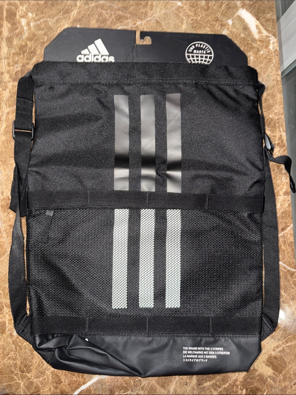 adidas Black Drawstring Sling Backpack with Reflective Three-Stripes